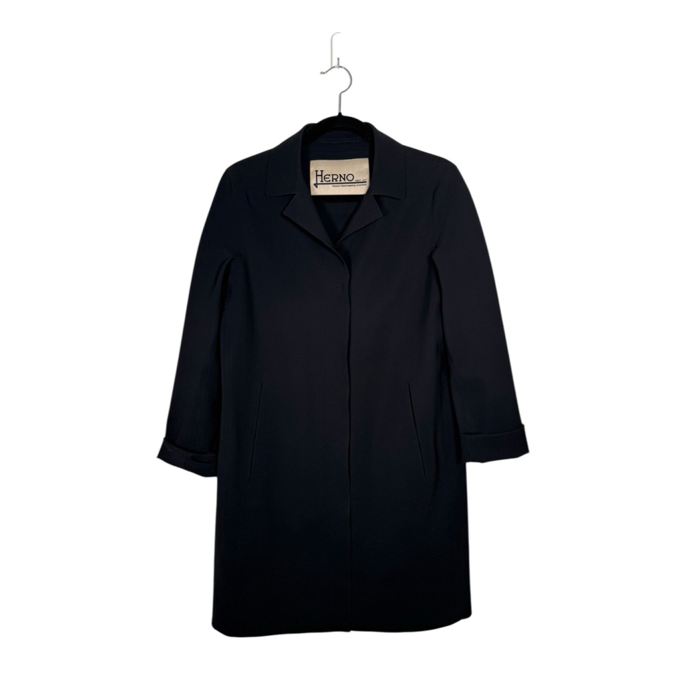 Herno Black Scuba Coat Women Size IT 44 US 8 Minimalist Snap Front Long Jacket - Picture 2 of 9